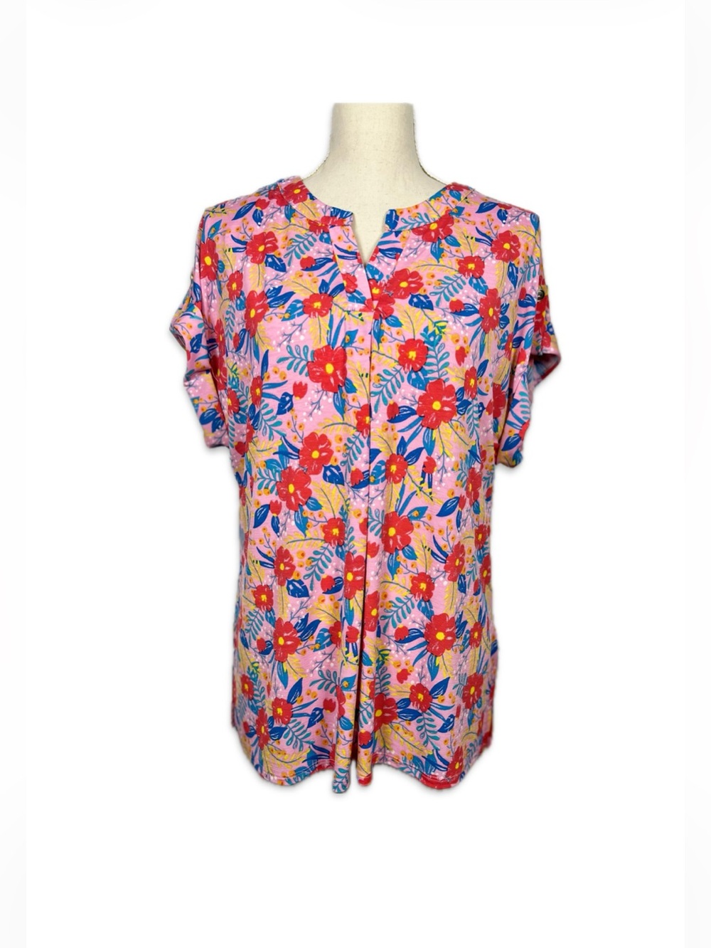 Dear Scarlett NWT Pink Floral Split-Neck Short Cuff Sleeve Blouse Size Large